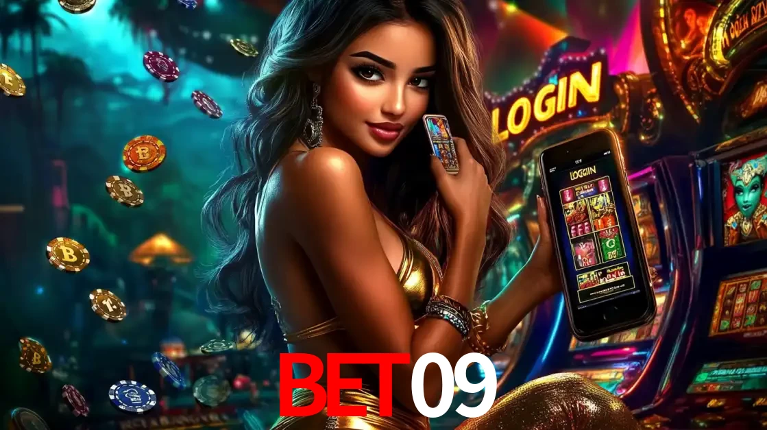 Mulher em um cenário de cassino temático de aventura, mostrando o app de caça-níqueis da BET09 no celular. Fichas de apostas flutuam ao redor.