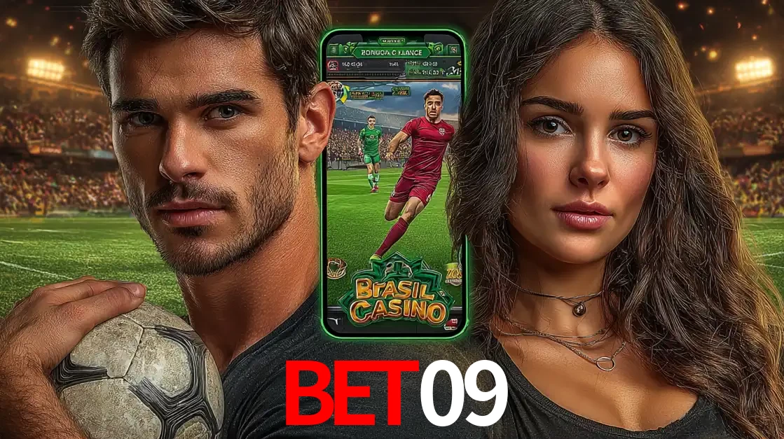 Homem segurando uma bola de futebol e uma mulher ao lado de um smartphone exibindo o jogo de apostas esportivas da BET09. Faça seu palpite no cassino online.